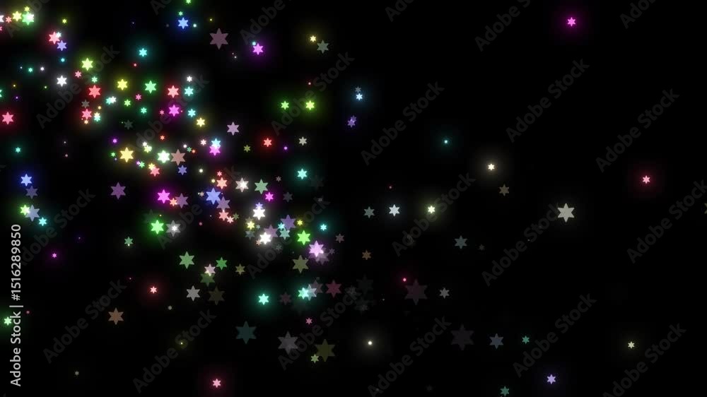 Poster abstract colorful glowing stars animation on black background, particle effect, dynamic glitter star