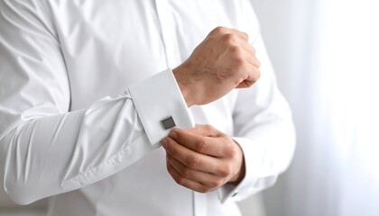 Man Fastening Cufflinks with White Shirt.
