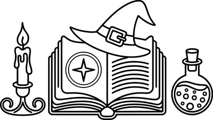 Witchcraft spell book candle potion hat