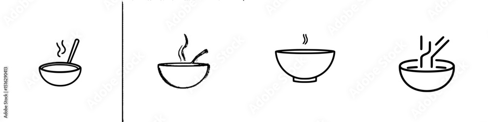 Poster icon set showcasing various bowl designs with steam and utensils in simple outline style for culinar