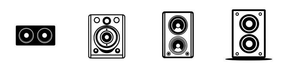 Collection of black and white speaker icons showcasing different designs and styles for music and audio applications