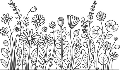 Wildflowers meadow coloring page botanical line art