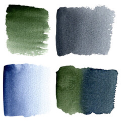 Set of four watercolor brushstrokes in blue, dark green and gray. Natural calm shades. Ideal for text underlay, background, modern design projects, products.