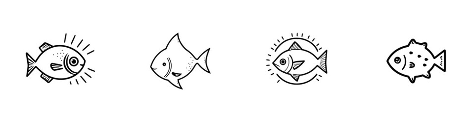 Obraz premium Variety of hand-drawn fish icons showcasing different styles and shapes in a playful, minimalistic design