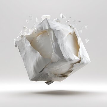 a paper cube imploding inward at the corners under unseen pressure, frozen in a suspended moment of collapse, captured photorealistically against a seamless