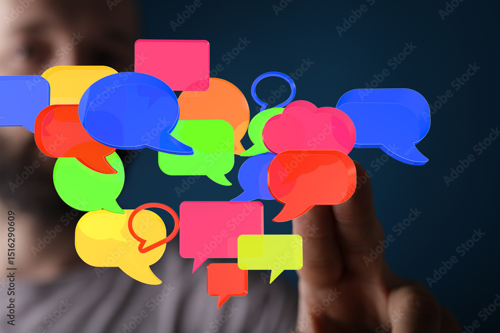 Poster abstract image of colorful speech bubbles, representing communication, social media, and online inte
