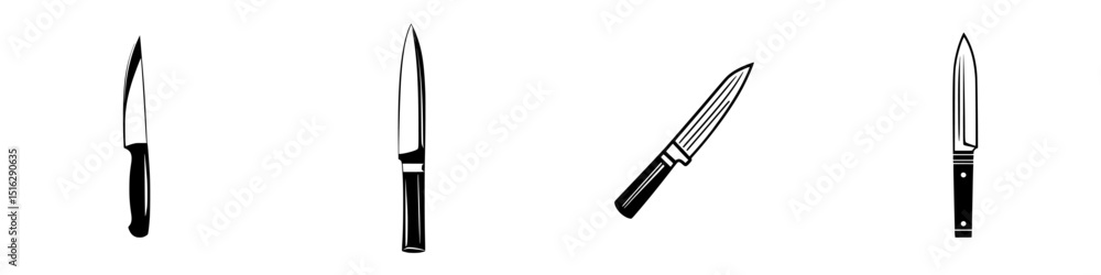 Poster set of four distinct knife icons representing various styles for culinary use in graphic design and 