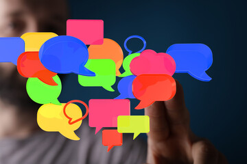 Abstract image of colorful speech bubbles, representing communication, social media, and online...