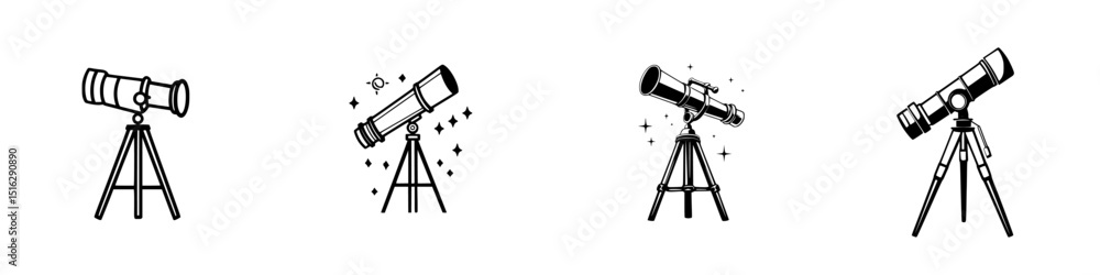 Poster various icon designs of telescopes displayed on a simple white background showcasing observational t