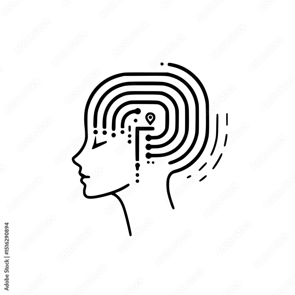 Poster stylized icon set representing the concept of mental mapping and navigation in a minimalist design