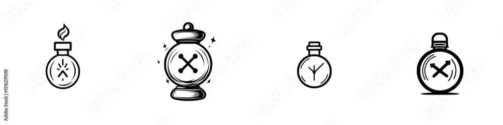 Aufkleber icon set featuring various potion bottles and tools in a simple black and white design for creative 