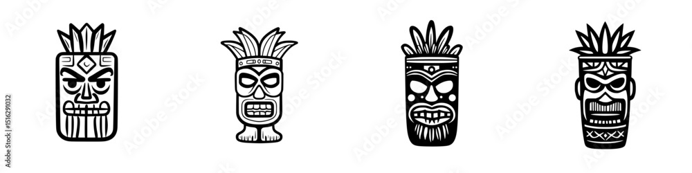 Poster unique icon set featuring distinct tropical tiki designs with intricate details and various expressi