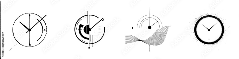 Poster abstract clock icon set featuring unique designs and artistic interpretations of time displayed in m