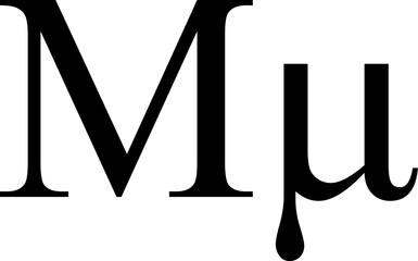 Black and white vector of uppercase and lowercase Greek letter Mu, the 12th letter of the Greek alphabet. Ideal for educational, typographic, or scientific use