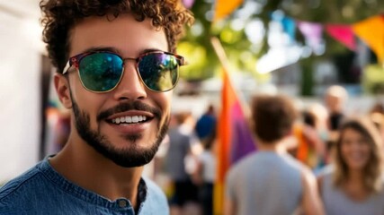 Smiling man in sunglasses at outdoor LGBTQ pride celebration with rainbow flags, symbolizing freedom, inclusivity, diversity and joy - Powered by Adobe