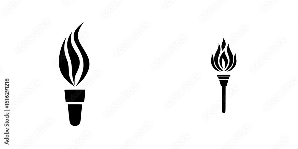 Poster set of black torch icons with flames showcasing different sizes for versatile design applications an