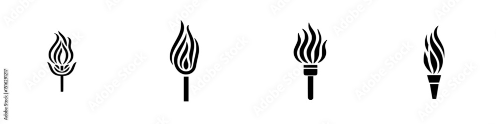 Poster icon set featuring various torch designs illustrating flame and handle styles for decorative or symb