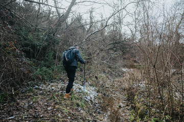 An individual walking through a quiet forest trail, surrounded by bare trees and a light snowy...