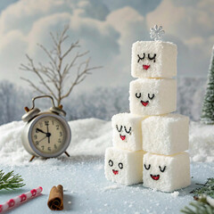 Whimsical Sugar Cube Characters with Vintage Clock in Frosty Winter Setting