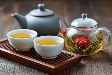 Blooming flower tea brewing in glass teapot with two cups and teapot on wooden table