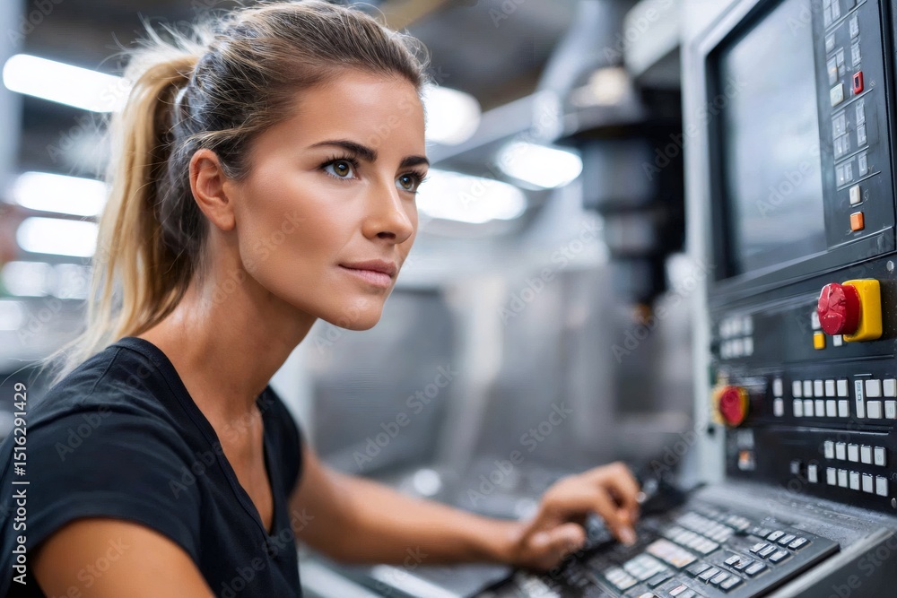 Aufkleber Female engineer operating cnc machinery in factory setting