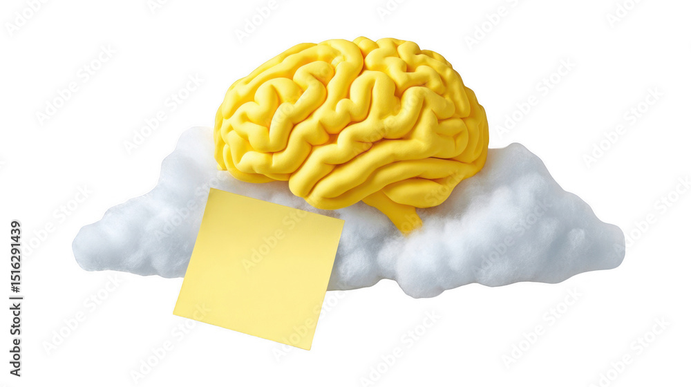 Poster 3d rendering of a yellow brain resting on a white cloud with a blank yellow sticky note attached, sy