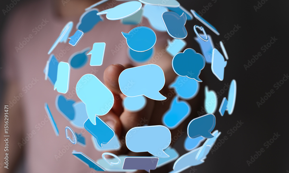 Poster conceptual image depicting worldwide communication and social media interaction.