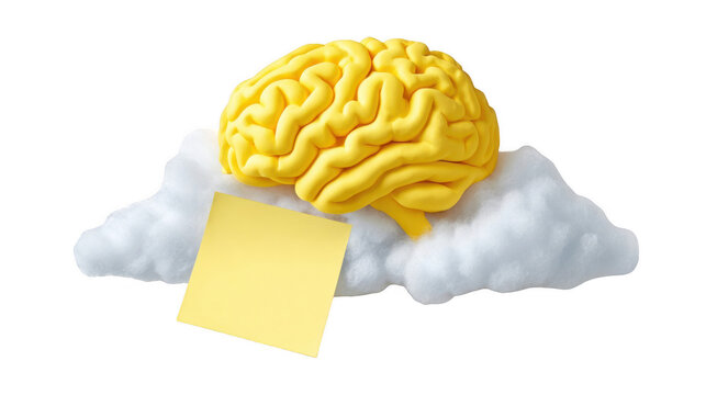 3d rendering of a yellow brain resting on a white cloud with a blank yellow sticky note attached, symbolizing cognitive offloading and external memory aids, against a transparent background