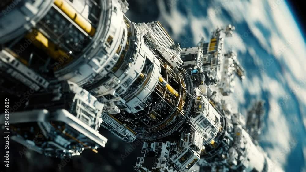 Poster a futuristic space station located at the center of the earth, with a mix of metallic and rocky stru
