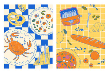 Set of hand drawn whimsical posters with italian food. Dolce vita contemporary art dinner prints. Crab, tomatoes, croissant, pizza, sardines on chequered backgrounds. Vector design