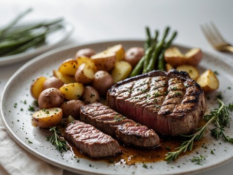 Delicious Steak with Roasted Potatoes and Green Beans on a Plate, Close Up Shot.