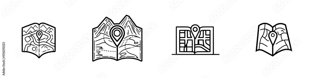 Aufkleber icon set featuring various maps and location markers for navigation and exploration activities in ou