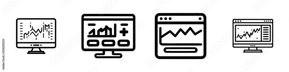 Poster icon set featuring various computer screens displaying data visualization and analytics graphics in 