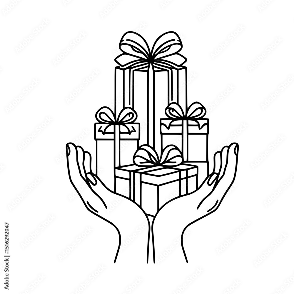 Poster hands holding stacked gift boxes in a simple line outline vector