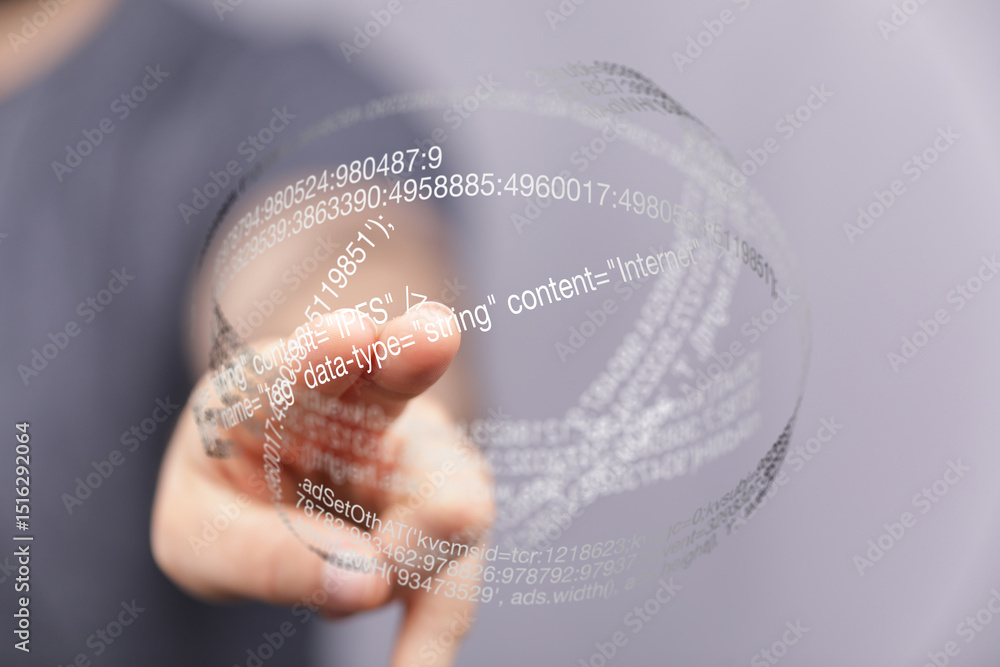 Poster Hand points to a digital sphere filled with code.  Represents data, technology, or the internet.