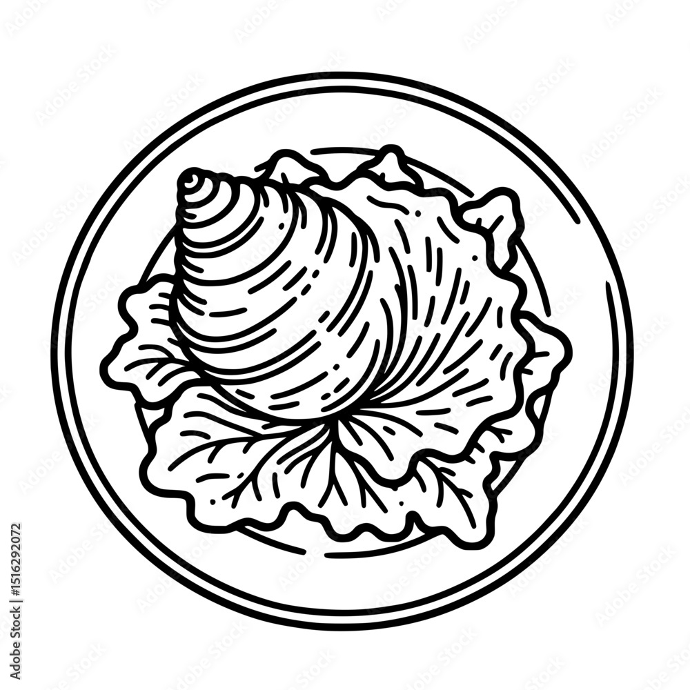 Poster shellfish on a plate with lettuce in single line outline vector style