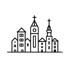 Fototapeta premium Modern icon set depicting a stylized skyline with various building shapes and church towers against a plain background