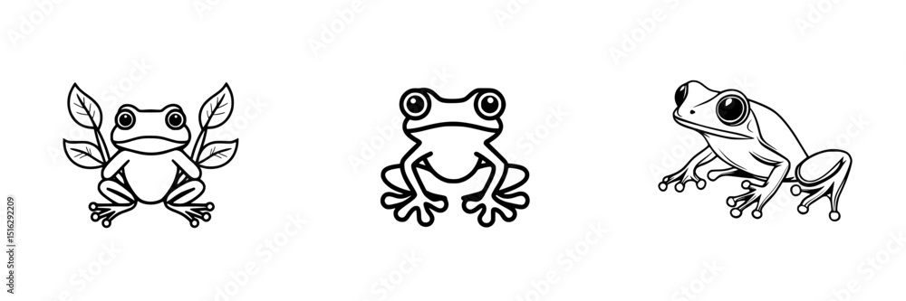 Poster frog icon set featuring various styles and poses of frogs with leaf elements for use in digital desi
