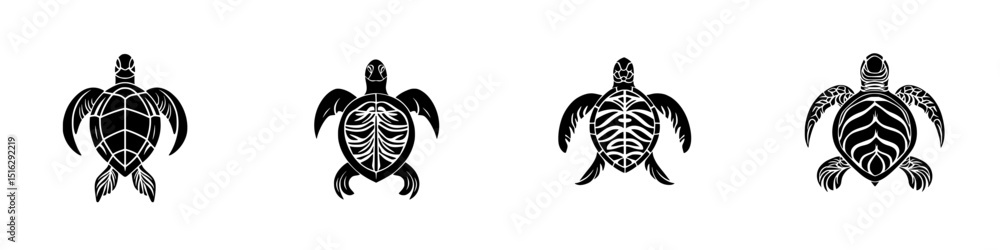 Poster collection of four black icon designs featuring various turtle illustrations with unique patterns an