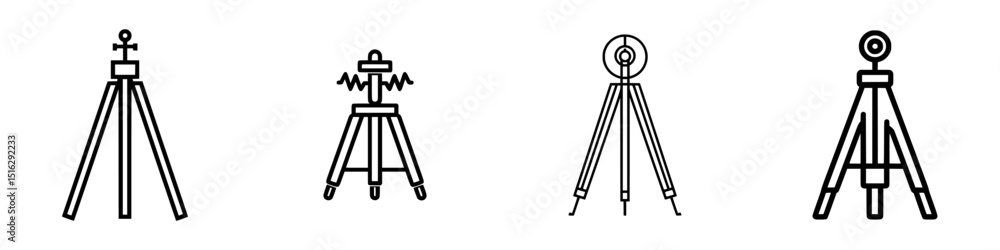 Poster collection of minimalistic icons representing various types of tripods for different activities and 