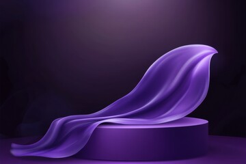 Purple shiny catwalk for product demonstration. Giveaway podium. Scene for award, decor element background. Abstract studio stage, dark violet silk fabric wall. Cosmetic presentation. Creative mock up