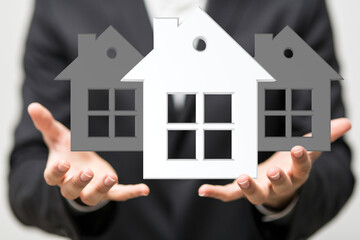 Image of a real estate agent showcasing three house models, symbolizing home choices and property...