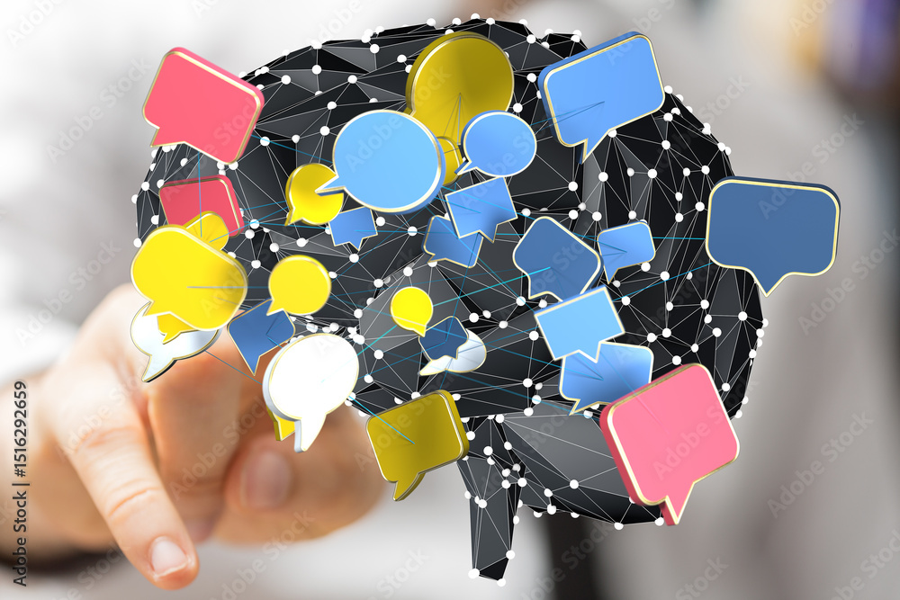Poster abstract image of a brain with colorful speech bubbles, representing global communication and networ