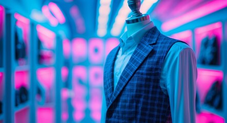 Obraz premium Fashionable Blue Plaid Suit Vest on a Mannequin in a Modern, NeonLit Boutique.