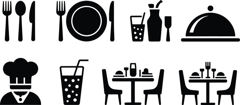 A collection of restaurant related icons including food service and dining arrangements in black