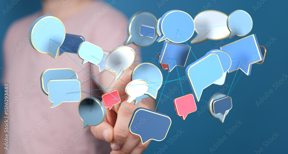 Poster abstract image of interconnected speech bubbles symbolizing global communication and networking.