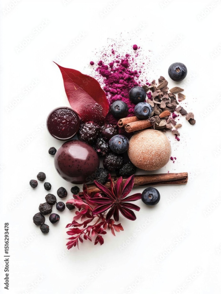 Poster flat lay of various fruits and spices arranged in a circular pattern on a white background.