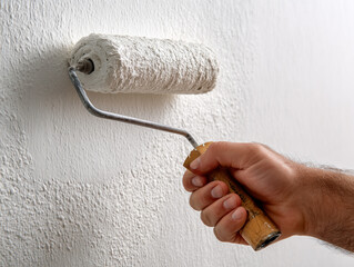 Man painting wall with roller on light background, closeup. Space for text