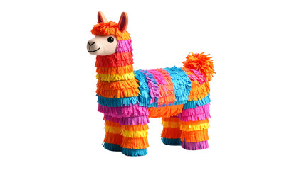 A colorful llama piñata stands ready to bring festive fun to a celebration on transparent background. Clip art of llama pinata.