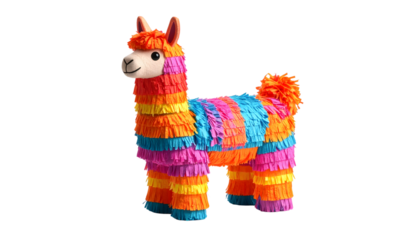 A colorful llama piñata stands ready to bring festive fun to a celebration on transparent background. Clip art of llama pinata.